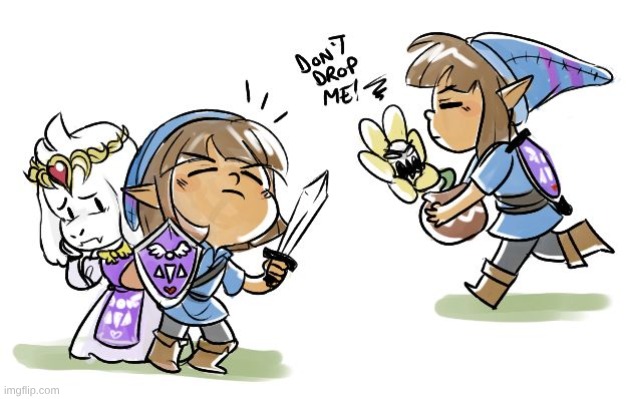 Legend of Zelda x Undertale art I found | image tagged in undertale,legend of zelda,link,flowey,idk if that's asriel or toriel | made w/ Imgflip meme maker
