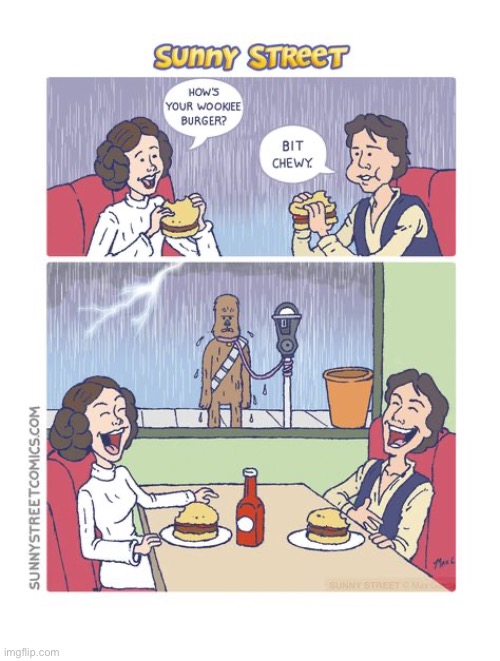 image tagged in comics,sunny street,star wars,restaurant,han solo and princess leia,wookie burger | made w/ Imgflip meme maker