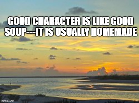 character | GOOD CHARACTER IS LIKE GOOD SOUP---IT IS USUALLY HOMEMADE | image tagged in refection,honesty,truth,integrity,values | made w/ Imgflip meme maker