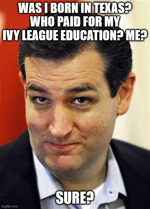 Bashful Ted Cruz | WAS I BORN IN TEXAS?
WHO PAID FOR MY IVY LEAGUE EDUCATION? ME? SURE? | image tagged in bashful ted cruz | made w/ Imgflip meme maker