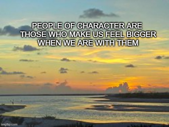character | PEOPLE OF CHARACTER ARE 
THOSE WHO MAKE US FEEL BIGGER
WHEN WE ARE WITH THEM | image tagged in honesty,integrity,truth,values,morals,virtue | made w/ Imgflip meme maker