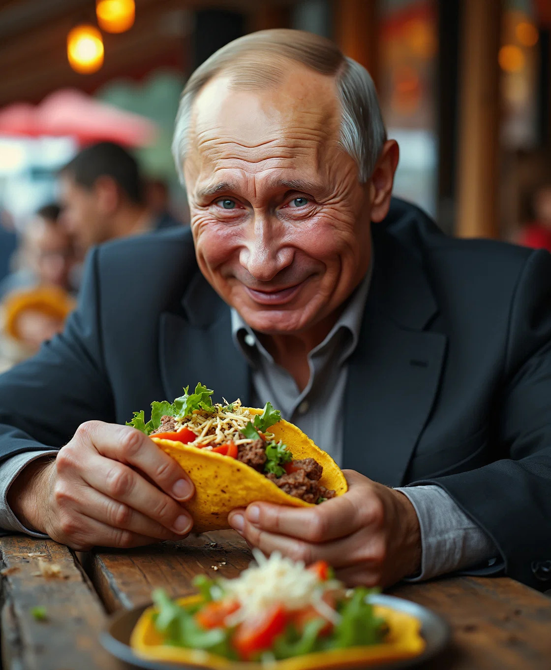 Vladimir Putin says "I love TACOs, don't you?" Trump Blank Meme Template