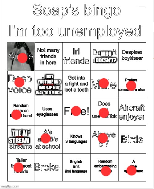 actually got a bingo this time | WHO DOESN'T? JUST YOUTUBE AND IMGFLIP, BUT WAY TOO MUCH; THE AI STREAM | image tagged in soap's bingo | made w/ Imgflip meme maker