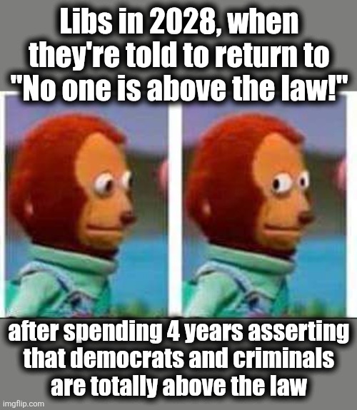 But their "principles" are flexible enough to turn on a dime | Libs in 2028, when they're told to return to "No one is above the law!"; after spending 4 years asserting
that democrats and criminals
are totally above the law | image tagged in monkey puppet,memes,democrats,above the law,election 2028,hypocrisy | made w/ Imgflip meme maker