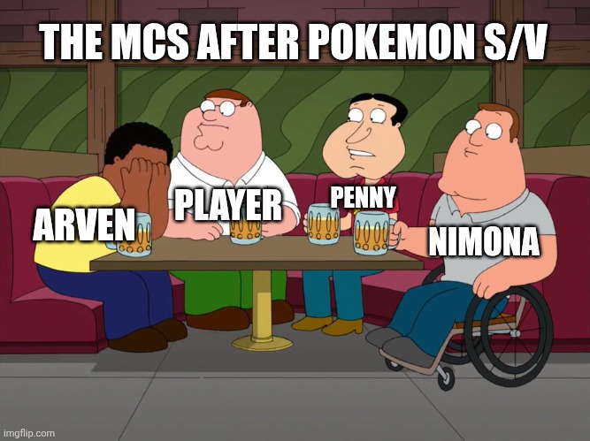 Poor arven :( | THE MCS AFTER POKEMON S/V; PENNY; PLAYER; ARVEN; NIMONA | image tagged in cleveland sobbing | made w/ Imgflip meme maker