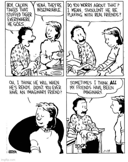 Uncle Max and Calvin’s mom discuss Calvin and Hobbes’ relationship… | image tagged in calvin and hobbes,comics,uncle max,discussion,mom | made w/ Imgflip meme maker