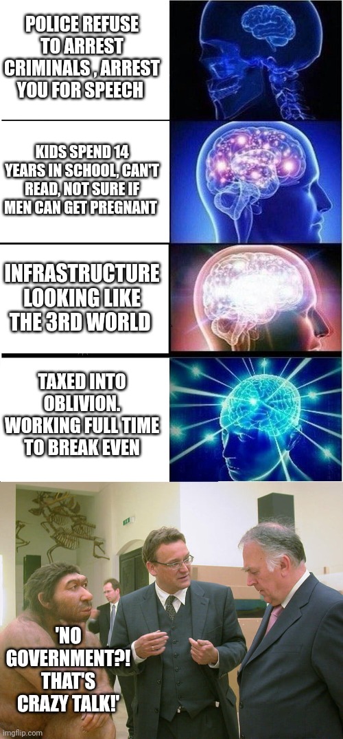 POLICE REFUSE TO ARREST CRIMINALS , ARREST YOU FOR SPEECH; KIDS SPEND 14 YEARS IN SCHOOL, CAN'T READ, NOT SURE IF MEN CAN GET PREGNANT; INFRASTRUCTURE LOOKING LIKE THE 3RD WORLD; TAXED INTO OBLIVION. WORKING FULL TIME TO BREAK EVEN; 'NO GOVERNMENT?! THAT'S CRAZY TALK!' | image tagged in memes,expanding brain,sapiens staring | made w/ Imgflip meme maker