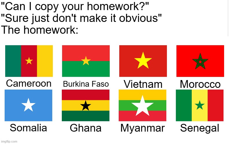 Blank meme template | "Can I copy your homework?"
"Sure just don't make it obvious"
The homework:; Cameroon; Burkina Faso; Vietnam; Morocco; Somalia; Ghana; Myanmar; Senegal | image tagged in blank meme template | made w/ Imgflip meme maker