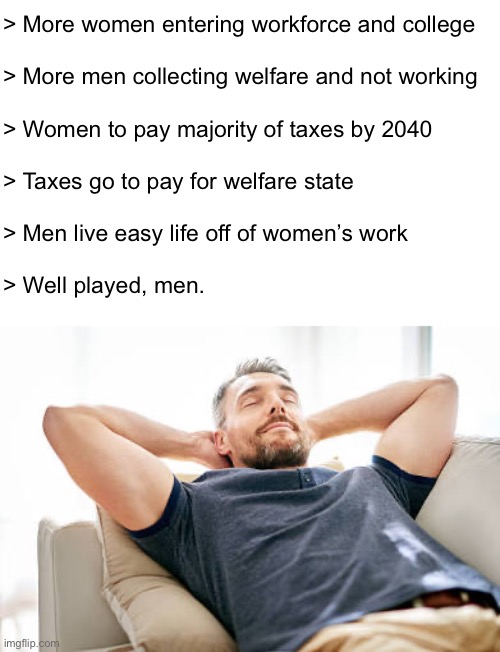 > More women entering workforce and college
 
> More men collecting welfare and not working
 
> Women to pay majority of taxes by 2040
 
> Taxes go to pay for welfare state
 
> Men live easy life off of women’s work
 
> Well played, men. | made w/ Imgflip meme maker