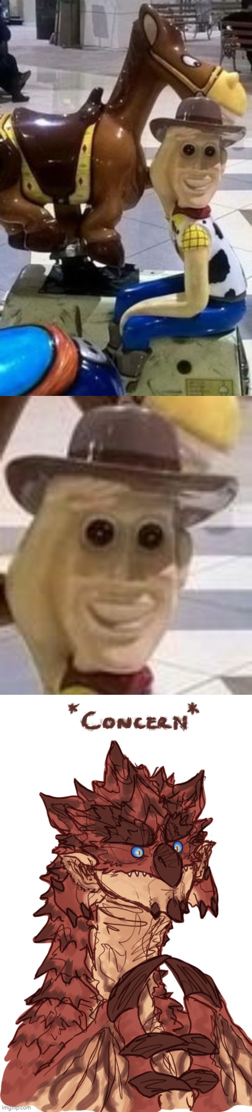He's just starring there... MENACINGLY! | image tagged in concern rathalos,woody,stare | made w/ Imgflip meme maker
