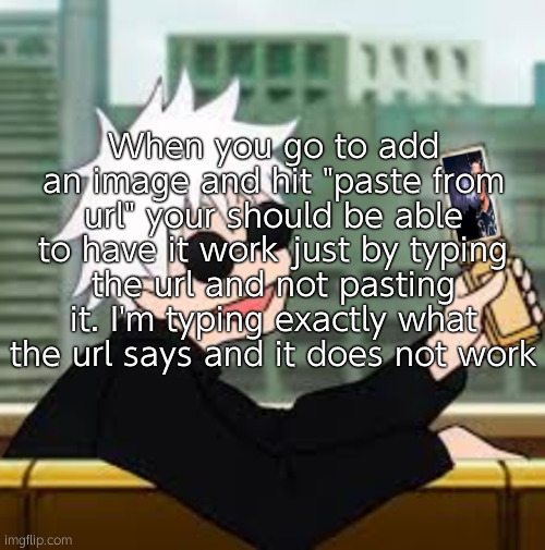 developers when I catch you | When you go to add an image and hit "paste from url" your should be able to have it work just by typing the url and not pasting it. I'm typing exactly what the url says and it does not work | image tagged in gojo satoru lowtiergod | made w/ Imgflip meme maker