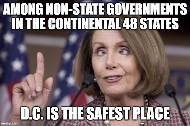 Nancy pelosi | AMONG NON-STATE GOVERNMENTS IN THE CONTINENTAL 48 STATES D.C. IS THE SAFEST PLACE | image tagged in nancy pelosi | made w/ Imgflip meme maker