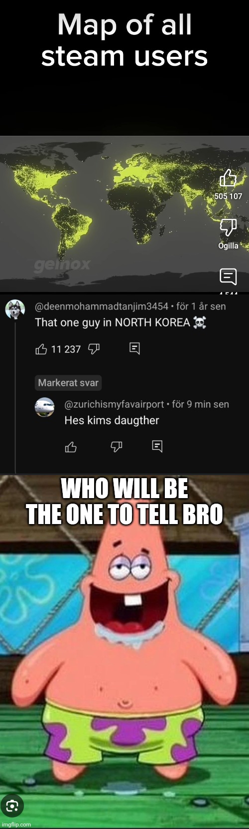 WHO WILL BE THE ONE TO TELL BRO | image tagged in patrick spongebob movie | made w/ Imgflip meme maker
