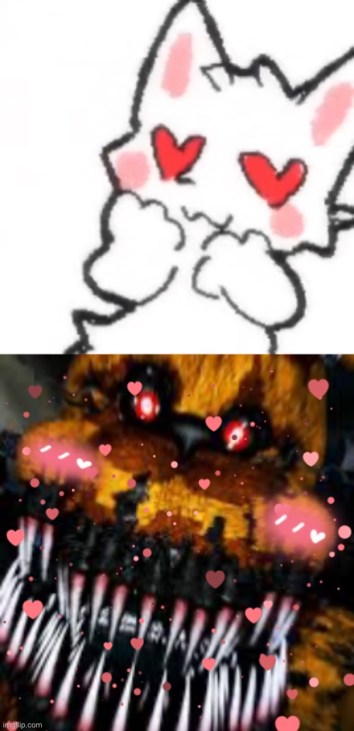 image tagged in hath the silly cat fallen in love,nightmare fredbear | made w/ Imgflip meme maker