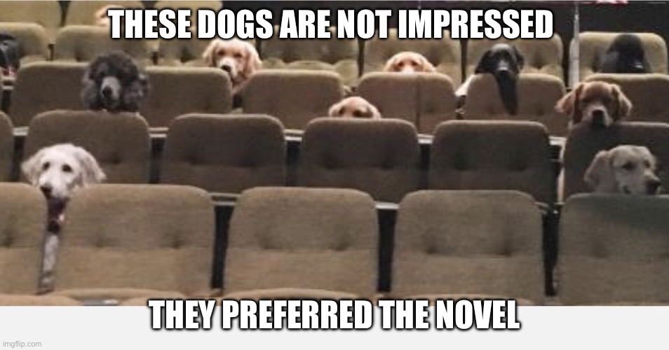 Prefer to read | THESE DOGS ARE NOT IMPRESSED THEY PREFERRED THE NOVEL | image tagged in dogs at the movies,reading,dogs | made w/ Imgflip meme maker