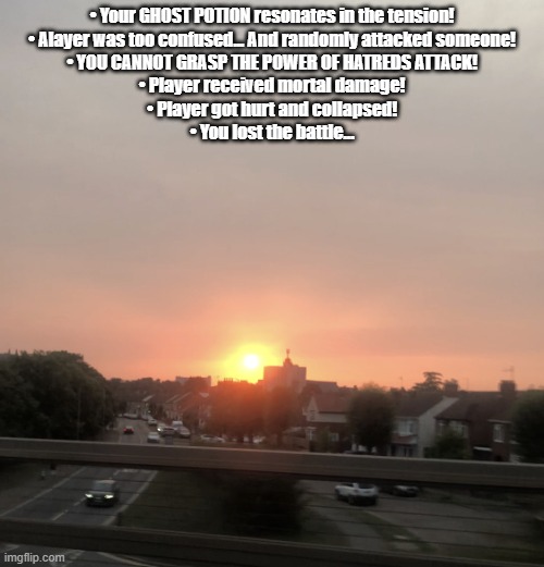 Sunset | • Your GHOST POTION resonates in the tension!

• Alayer was too confused... And randomly attacked someone!

• YOU CANNOT GRASP THE POWER OF HATREDS ATTACK!

• Player received mortal damage!

• Player got hurt and collapsed!

• You lost the battle... | image tagged in sunset | made w/ Imgflip meme maker