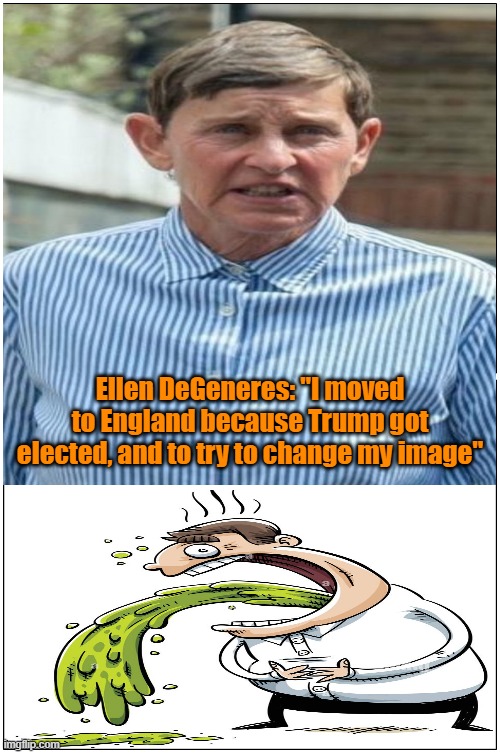 Looks like "she" succeeded | Ellen DeGeneres: "I moved to England because Trump got elected, and to try to change my image" | image tagged in ellen degeneres,trump,england,yuck | made w/ Imgflip meme maker