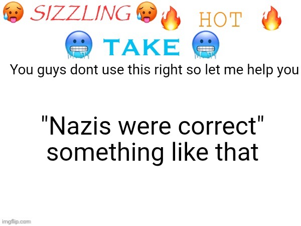 Awesome | You guys dont use this right so let me help you; "Nazis were correct" something like that | image tagged in sizzling hot take | made w/ Imgflip meme maker