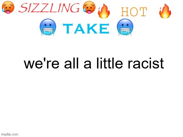 sizzling hot take | we're all a little racist | image tagged in sizzling hot take | made w/ Imgflip meme maker