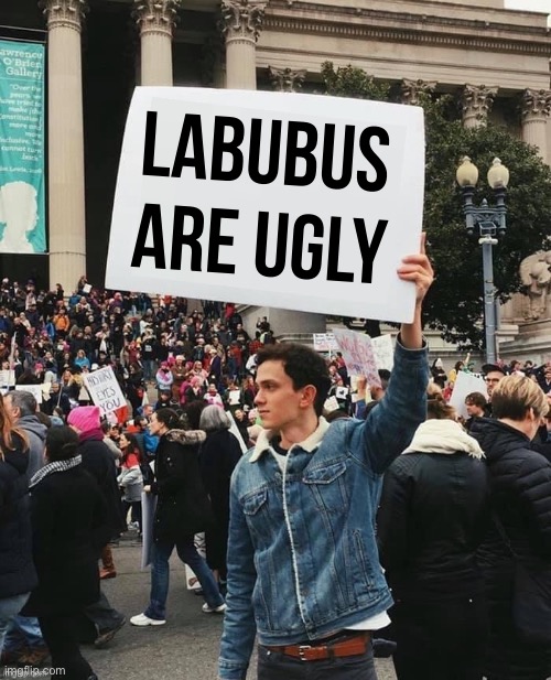 Labubus are ugly | Labubus are ugly | image tagged in man holding sign | made w/ Imgflip meme maker