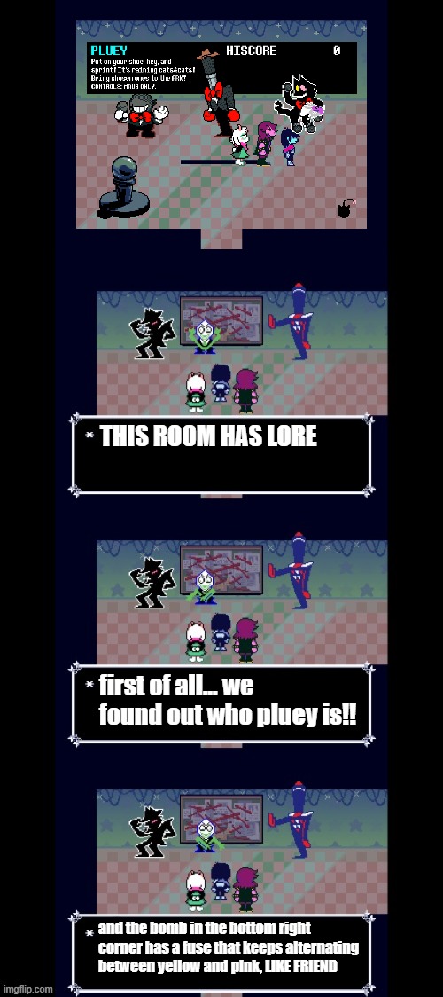 I FOUND PLUEY | THIS ROOM HAS LORE; first of all... we found out who pluey is!! and the bomb in the bottom right corner has a fuse that keeps alternating between yellow and pink, LIKE FRIEND | image tagged in green pippins conspiracy board | made w/ Imgflip meme maker