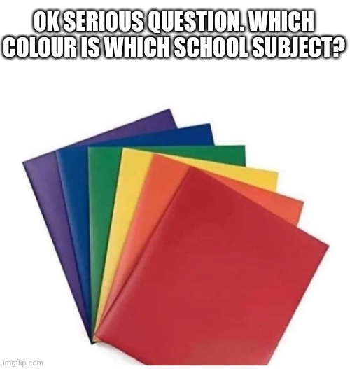 Red = math, Blue = social, green = science, yellow = Ela, purple = religion(I go to a catholic school)orange is anything else | OK SERIOUS QUESTION. WHICH COLOUR IS WHICH SCHOOL SUBJECT? | made w/ Imgflip meme maker
