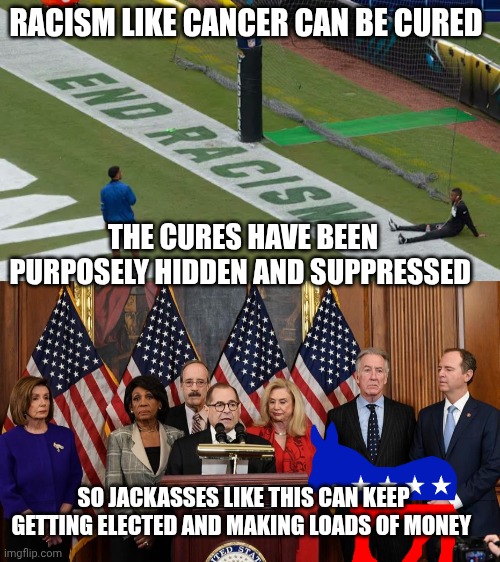 racism memes | RACISM LIKE CANCER CAN BE CURED; THE CURES HAVE BEEN PURPOSELY HIDDEN AND SUPPRESSED; SO JACKASSES LIKE THIS CAN KEEP GETTING ELECTED AND MAKING LOADS OF MONEY | image tagged in house democrats | made w/ Imgflip meme maker