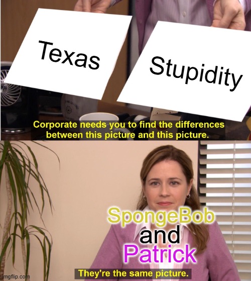Howdy, yall! | Texas; Stupidity; SpongeBob; and; Patrick | image tagged in memes,they're the same picture,dumb old texas,spongebob | made w/ Imgflip meme maker