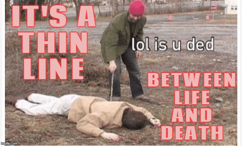 It's A Thin Line Between Life And Death | IT'S A
THIN
LINE; BETWEEN
LIFE
AND
DEATH | image tagged in lol is u ded,life sucks,life lessons,death,quotes,sayings | made w/ Imgflip meme maker
