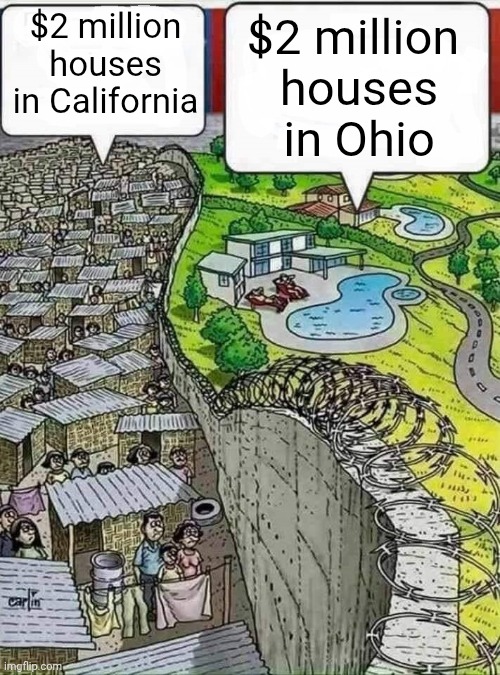Housing in major cities and flyover states are majorly different than each other | $2 million houses in California; $2 million
 houses
 in Ohio | image tagged in poor vs rich,housing,homes,rich vs poor,economics,real estate | made w/ Imgflip meme maker