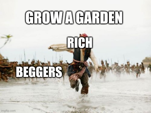 Jack Sparrow Being Chased Meme | GROW A GARDEN; RICH; BEGGERS | image tagged in memes,jack sparrow being chased | made w/ Imgflip meme maker