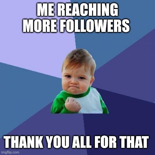 more followers reached | ME REACHING MORE FOLLOWERS; THANK YOU ALL FOR THAT | image tagged in memes,success kid,followers | made w/ Imgflip meme maker