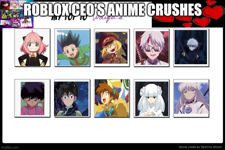 Baszucki is likely a pdf himself, so I made this | ROBLOX CEO'S ANIME CRUSHES | image tagged in top 10 waifus | made w/ Imgflip meme maker