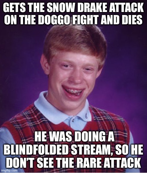 Bad Luck Brian | GETS THE SNOW DRAKE ATTACK ON THE DOGGO FIGHT AND DIES; HE WAS DOING A BLINDFOLDED STREAM, SO HE DON’T SEE THE RARE ATTACK | image tagged in memes,bad luck brian | made w/ Imgflip meme maker