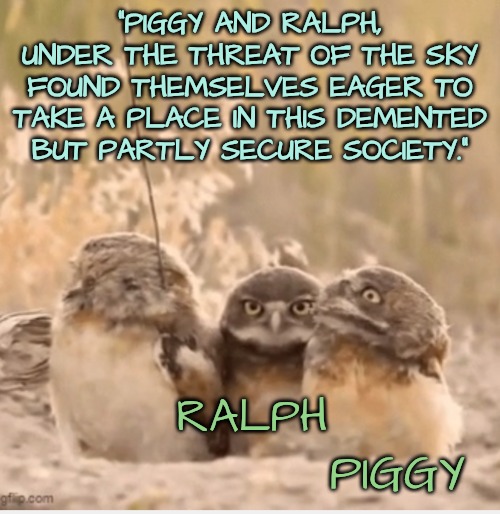 “PIGGY AND RALPH, UNDER THE THREAT OF THE SKY FOUND THEMSELVES EAGER TO TAKE A PLACE IN THIS DEMENTED BUT PARTLY SECURE SOCIETY." RALPH PIGG | made w/ Imgflip meme maker