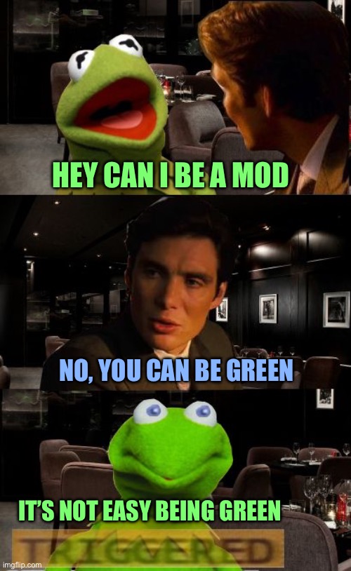 Kermit Triggered | HEY CAN I BE A MOD; NO, YOU CAN BE GREEN; IT’S NOT EASY BEING GREEN | image tagged in kermit triggered | made w/ Imgflip meme maker