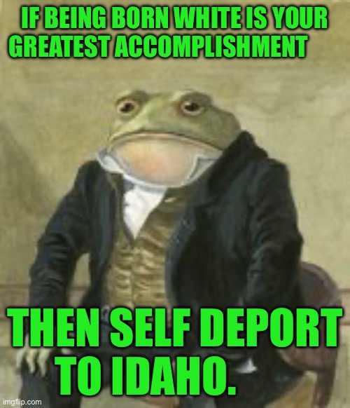 Colonel Toad | IF BEING BORN WHITE IS YOUR GREATEST ACCOMPLISHMENT; THEN SELF DEPORT TO IDAHO. | image tagged in colonel toad | made w/ Imgflip meme maker