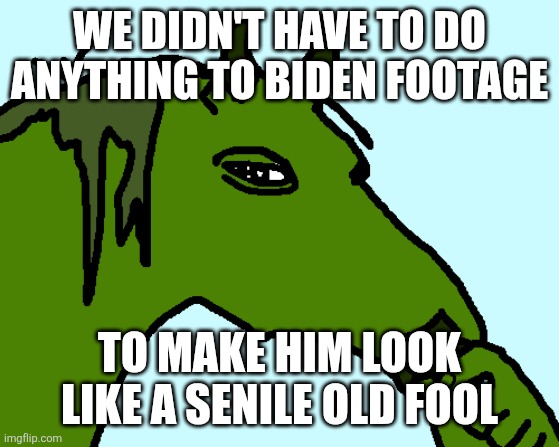horse pepe | WE DIDN'T HAVE TO DO ANYTHING TO BIDEN FOOTAGE TO MAKE HIM LOOK LIKE A SENILE OLD FOOL | image tagged in horse pepe | made w/ Imgflip meme maker