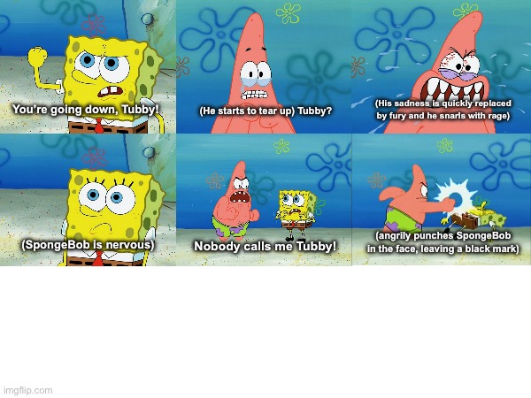 Patrick punches SpongeBob | (He starts to tear up) Tubby? (His sadness is quickly replaced by fury and he snarls with rage); You’re going down, Tubby! (angrily punches SpongeBob in the face, leaving a black mark); (SpongeBob is nervous); Nobody calls me Tubby! | image tagged in nickelodeon,spongebob,spongebob squarepants,patrick star,patrick | made w/ Imgflip meme maker