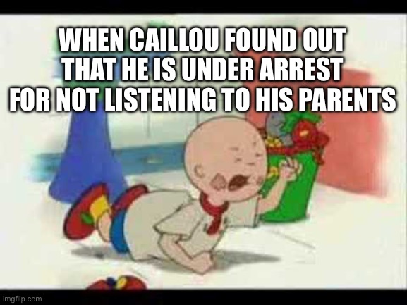 Caillou under arrest | WHEN CAILLOU FOUND OUT THAT HE IS UNDER ARREST FOR NOT LISTENING TO HIS PARENTS | image tagged in caillou's tantrum,caillou,arrested,spoiled brat,jail,celebrate | made w/ Imgflip meme maker