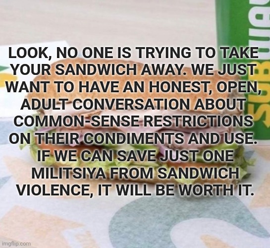 Subway sandwich | LOOK, NO ONE IS TRYING TO TAKE 
YOUR SANDWICH AWAY. WE JUST 
WANT TO HAVE AN HONEST, OPEN, 
ADULT CONVERSATION ABOUT 
COMMON-SENSE RESTRICTIONS 
ON THEIR CONDIMENTS AND USE. 
IF WE CAN SAVE JUST ONE
 MILITSIYA FROM SANDWICH 
VIOLENCE, IT WILL BE WORTH IT. | image tagged in subway sandwich | made w/ Imgflip meme maker