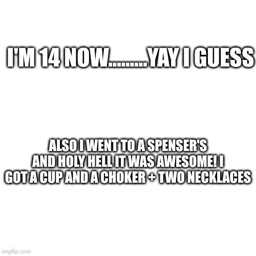 ... | I'M 14 NOW.........YAY I GUESS; ALSO I WENT TO A SPENSER'S AND HOLY HELL IT WAS AWESOME! I GOT A CUP AND A CHOKER + TWO NECKLACES | made w/ Imgflip meme maker
