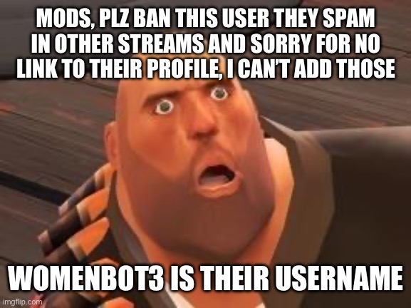TF2 Heavy | MODS, PLZ BAN THIS USER THEY SPAM IN OTHER STREAMS AND SORRY FOR NO LINK TO THEIR PROFILE, I CAN’T ADD THOSE; WOMENBOT3 IS THEIR USERNAME | image tagged in tf2 heavy | made w/ Imgflip meme maker