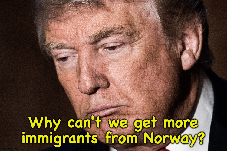 Trump Sad | Why can't we get more immigrants from Norway? | image tagged in trump sad | made w/ Imgflip meme maker