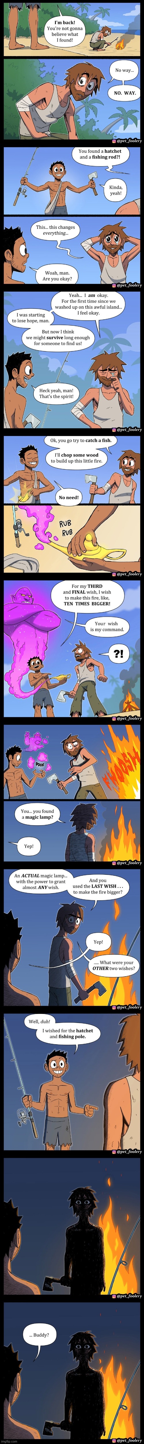 image tagged in island,stranded,lamp,genie,wishes,3 wishes | made w/ Imgflip meme maker