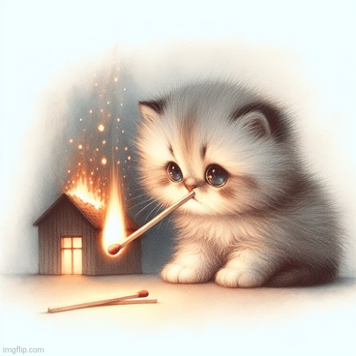 Cute kitten burning a house down | image tagged in cute kitten burning a house down | made w/ Imgflip meme maker