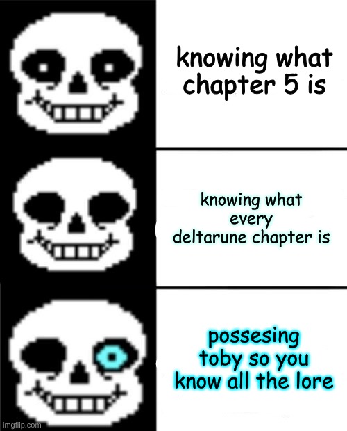 sans | knowing what chapter 5 is; knowing what every deltarune chapter is; possesing toby so you know all the lore | image tagged in sans | made w/ Imgflip meme maker