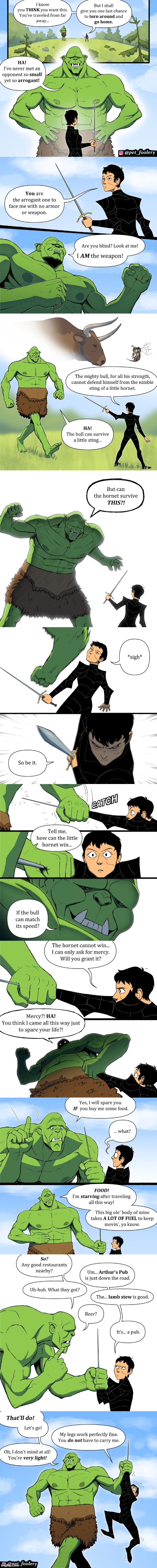 image tagged in orc,bull,hornet,battle,restaurant,plot twist | made w/ Imgflip meme maker