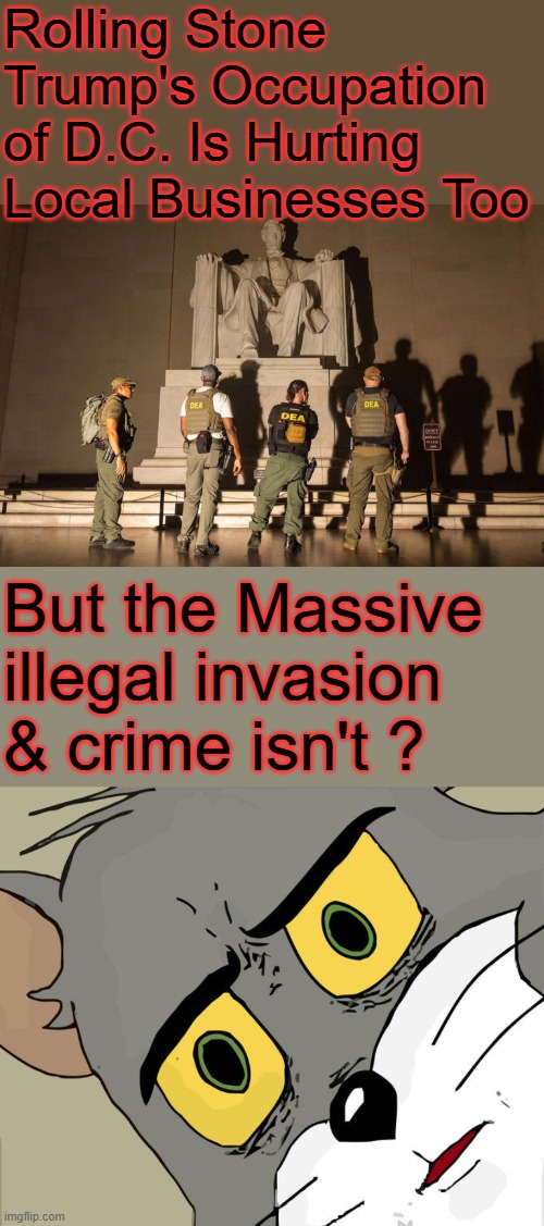 What a Hoot reestablishing law & order is an " OCCUPATION" There they go DEMs defending criminals again not the citizens | Rolling Stone
Trump's Occupation of D.C. Is Hurting Local Businesses Too; But the Massive illegal invasion & crime isn't ? | image tagged in memes,unsettled tom | made w/ Imgflip meme maker