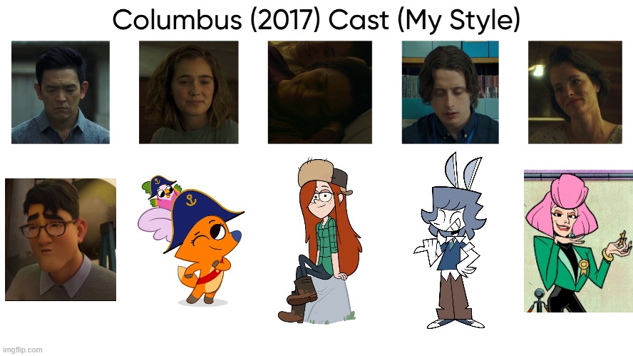 Columbus (2017) Cast (My Style) | image tagged in columbus 2017 cast my style,meme,memes,spoof cast,columbus,characters | made w/ Imgflip meme maker
